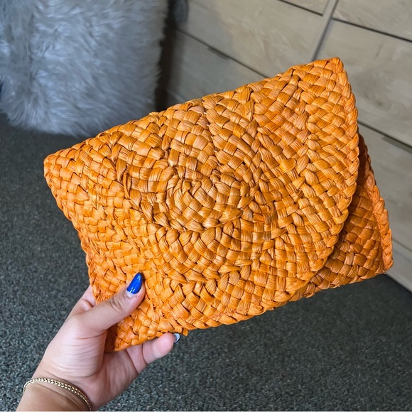 AMAZON Orange Straw Rattan Woven Medium Envelope Clutch Bag Purse Wallet Magnet - Picture 13 of 16